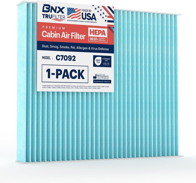 BNX TruFilter C7092 Cabin Air Filter, HEPA 99.97%, MADE IN USA, Compatible with Subaru Crosstrek, Ascent, Impreza, Legacy, Outback, Toyota Prius C-HR, Prius AWD-e, Prius Prime, Corolla, RAV4, Venza - Image 1